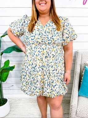 Yellow Floral Puff-Sleeve Mini Dress